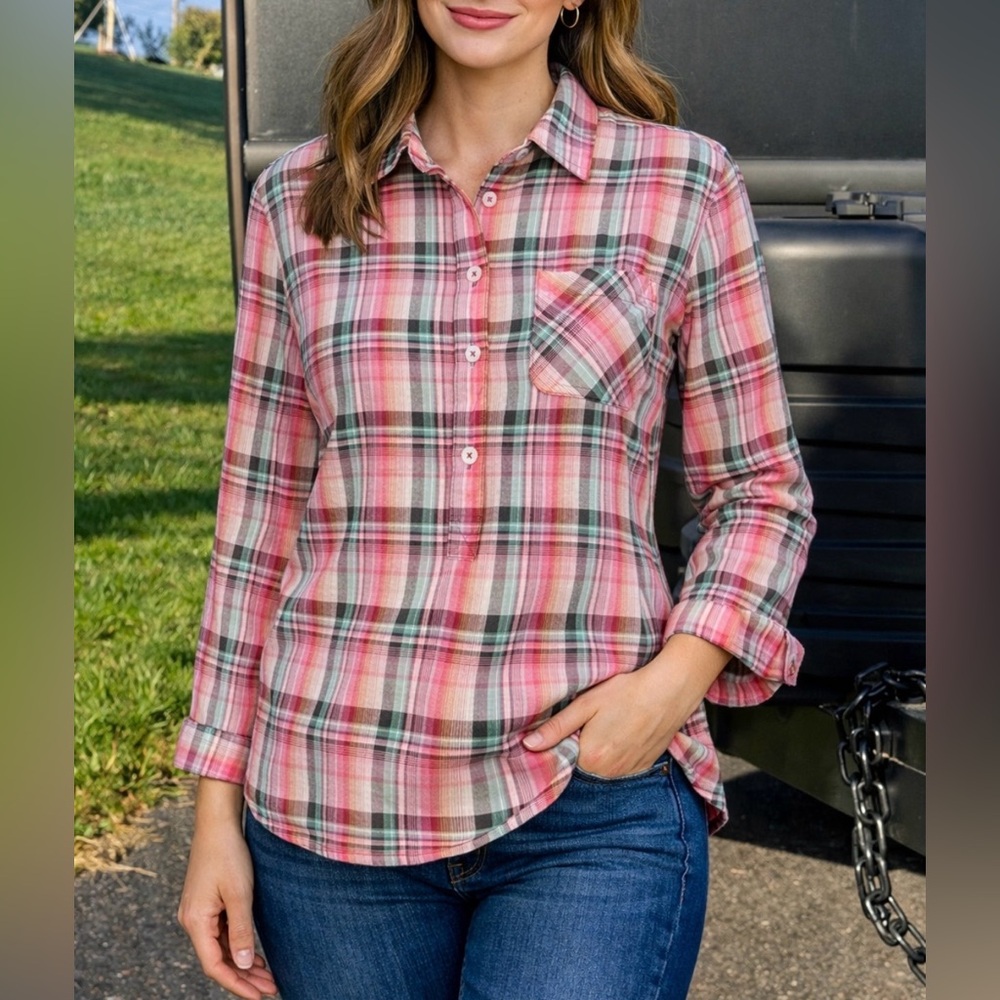 -PrAna Gina Plaid Popover Breast & Hand Pocket Pink Brown Aqua Shirt Size Small